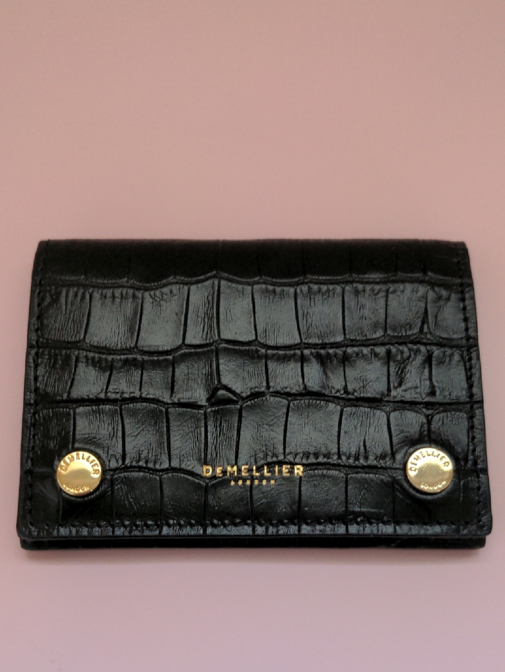 DeMellier Croc Embossed Leather Card Holder Black Gold Hardware